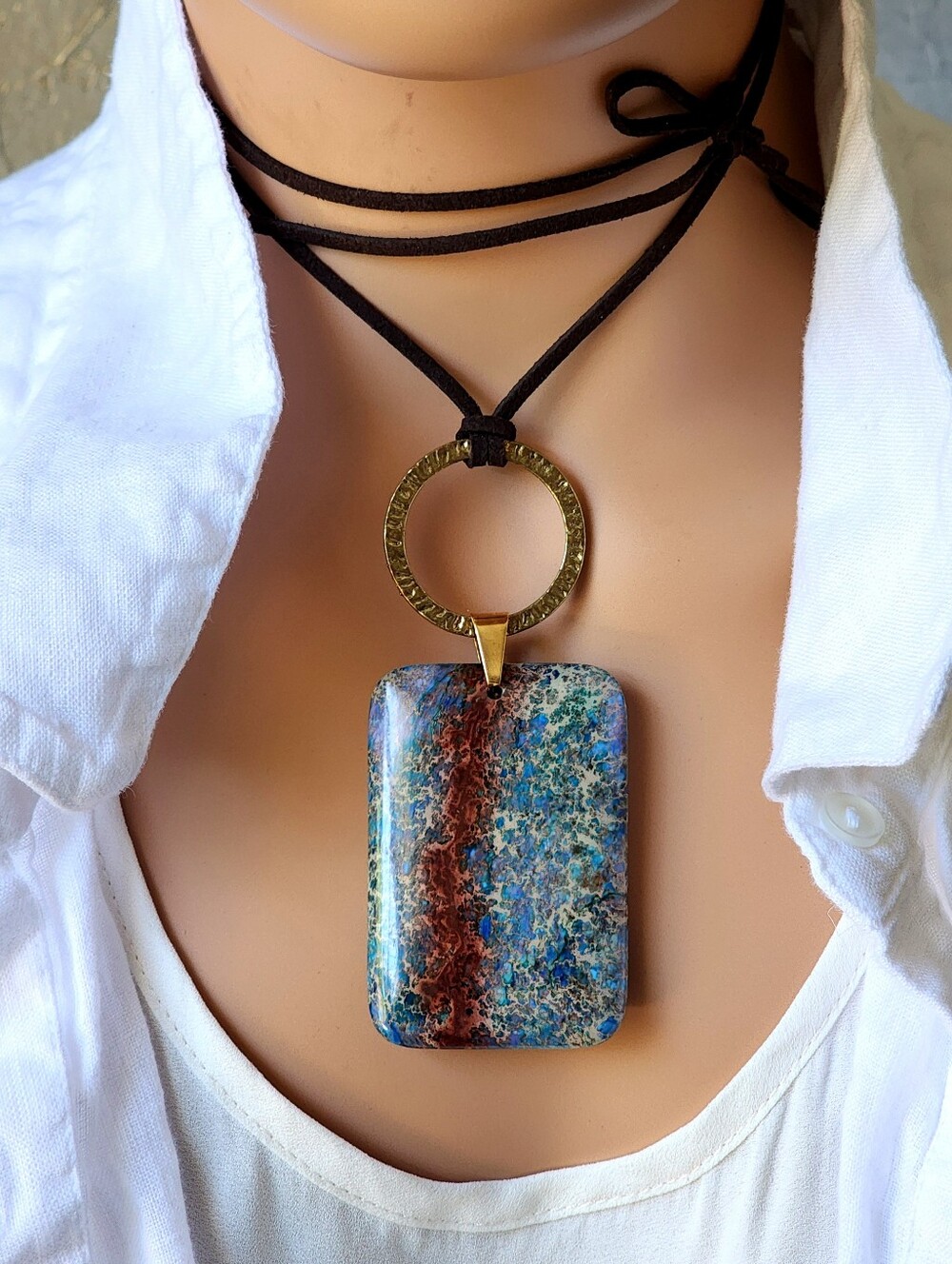 Johnny Was Leather Gold Designer Necklace Natural Ocean Jasper Crystal